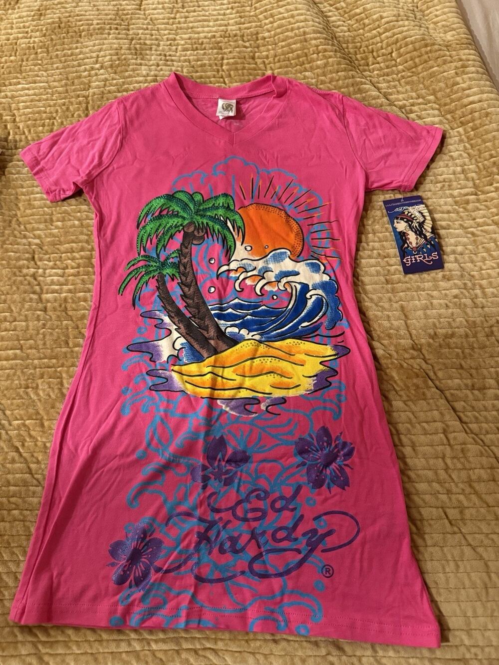 Ed Hardy girls youth pink T-shirt size large 14 NWT